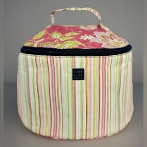 1154 Lill Studio Cosmetic Makeup Bag Handle Zips Green/Rose/Cream Floral Stripes